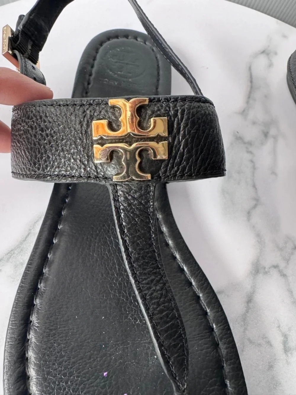 Tory Burch Black Leather Logo Thong Sandal with Gold Emblem